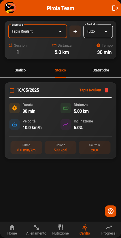 Attività cardio dell'app Pirola Team