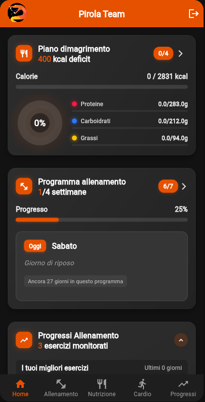 Dashboard dell'app Pirola Team
